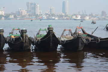 Beautiful  landscape of chittagong city,karnafuli river and tradition boat sampan.