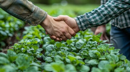Farmer, team and handshake for greenhouse plants, agriculture or gardening with introduction and welcome. b2b people or entrepreneur shaking hands for farming deal, supply chain and agro business  - obrazy, fototapety, plakaty