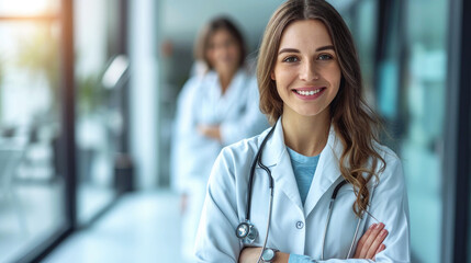 Smiling doctor working hospital office or Healthcare medical background banner copy space area