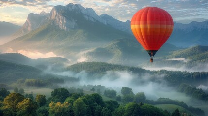 A Colorful Hot air balloon flying over beautiful mountains with of a foggy mountain landscape 