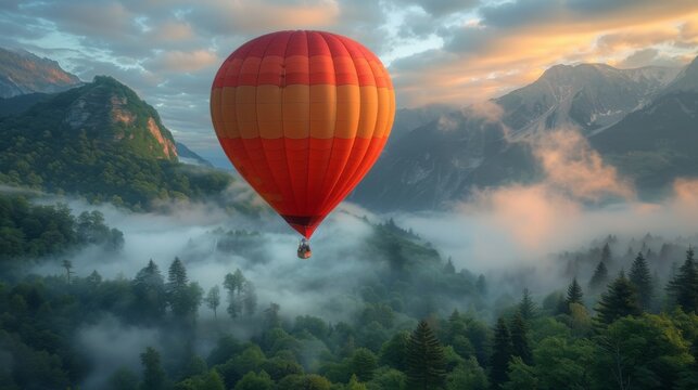 A Colorful Hot air balloon flying over beautiful mountains with of a foggy mountain landscape 