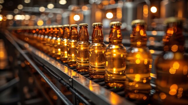 Rows of sealed beer bottles on a conveyor belt in a brewery, showcasing the industrial bottling process with precision and efficiency