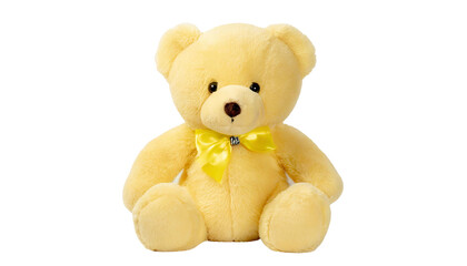 Yellow teddy bear with bow isolated on transparent background.