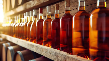 Row of Wine Bottles Displayed on Cellar Shelf - obrazy, fototapety, plakaty