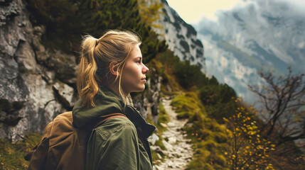 A person with a backpack hiking up a trail in the mountains - obrazy, fototapety, plakaty