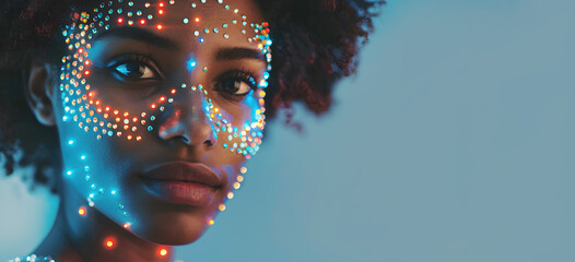 Beauty portrait of young african american woman with creative make up. Fashion decor with rhinestones in at face. Spring beauty concept - obrazy, fototapety, plakaty