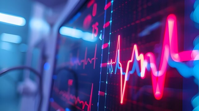 heart beat graph waves on monitor in hospital