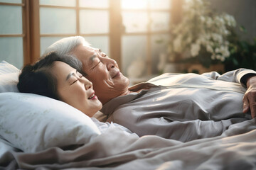 An elderly man and woman, an Asian couple deeply in love, are peacefully laying together in a bed - Powered by Adobe