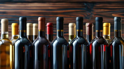 Group of Wine Bottles on Wooden Table