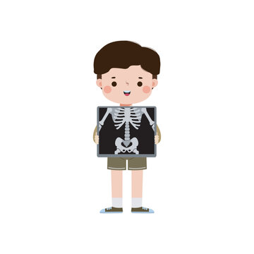 cute cartoon asian kid with x-ray screen showing internal organs and skeleton. x ray check bones kid, Element of educational infographics for kid Vector illustration isolated on white background
