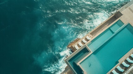 Aerial view of a lavish infinity pool, seamlessly blending with the horizon against a backdrop of breathtaking architectural design