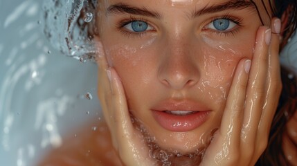 young woman washing her face