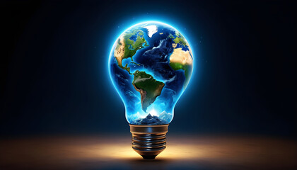 the earth inside a light bulb on a dark background