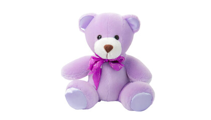 Purple teddy bear with pink bow isolated on transparent background.