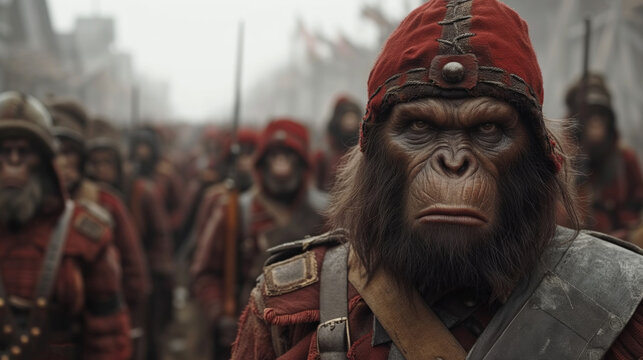 evil monkey commander with armed army