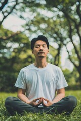 Naklejka na ściany i meble Asian man practicing meditation in a park