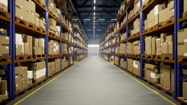 Industrial warehouse filled with storage boxes labeled for shipment, distribution center storing cargo for import export industry. Merchandise with air waybill tracking numbers. 3d render animation.
