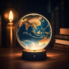 a globe on a table with books and a lamp