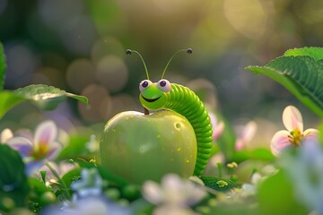 3D realistic action of a cheerful worm burrowing through a green apple surrounded by a soft blurred garden backdrop