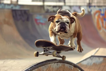 Fotobehang A bulldog on a skateboard wearing a cap backwards attempting a trick and looking surprisingly skilled in a skate park © Shutter2U