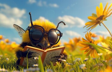 A bumblebee with oversized glasses reading a book about flowers on a sunny meadow looking scholarly - obrazy, fototapety, plakaty