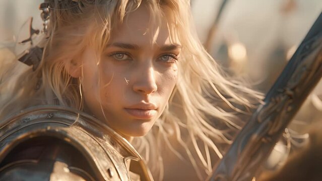 A female lancer with flowing blonde hair and a fearsome glint in her eye her spear poised to strike as she rides towards her enemies.
