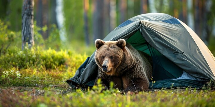 A bear trying to fit into a tiny tent with just its legs sticking out during a camping mishap