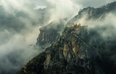 A mountain that changes its height daily with a monastery at the peak that appears and disappears in the clouds - obrazy, fototapety, plakaty
