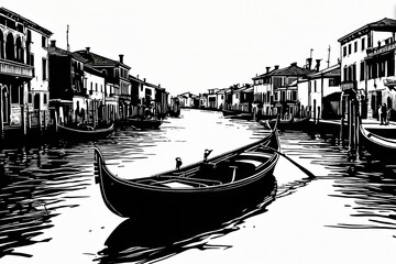 black and white line art gondola - obrazy, fototapety, plakaty