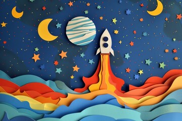 A paper cutout rocket ascending into space layers of colored paper creating a vibrant textured night sky with stars