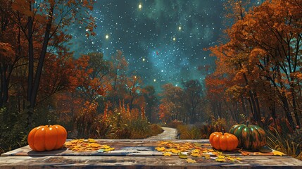 Autumn's Enchanting Evening A Celestial Celebration of Pumpkins and Stars Generative AI - obrazy, fototapety, plakaty