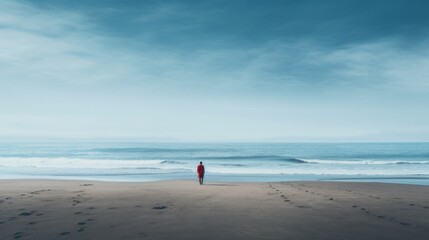 Obraz premium A rear view from afar of a lonely man at the beach, watching the seascape, waves against the blue sky. Travel, Nature, Ocean concepts.