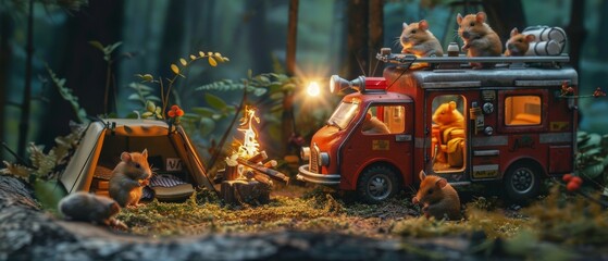 A team of hamsters in a miniature fire truck racing to put out a small campfire in a backyard camping scene
