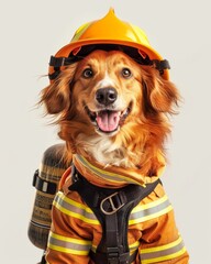 Adorable dog in firefighter outfit beaming with courage on an isolated background with copy space