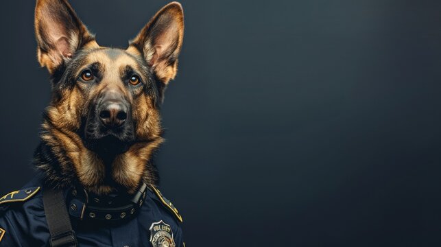 Adorable police dog in uniform ready to serve isolated backdrop with space for messages