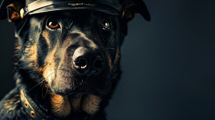 Closeup on a rescue dogs face in uniform studio lighting casting a heroic glow with copy space
