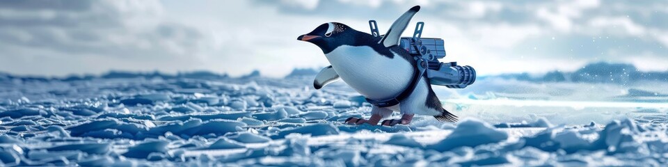 Cybernetic penguin with ice ray projectors and jetpropelled back sliding across Antarctic ice
