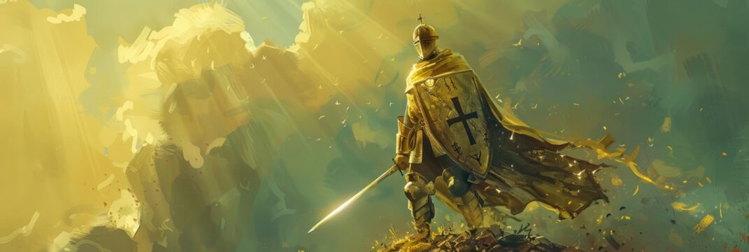 Knight Templar in shimmering gold armor neon shield in one hand saber in the other atop a hill