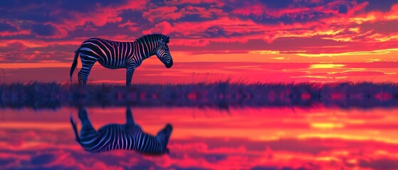 Fototapeta na wymiar Silhouette of a zebra with rainbow stripes against a dramatic sunset reflecting on a serene lake