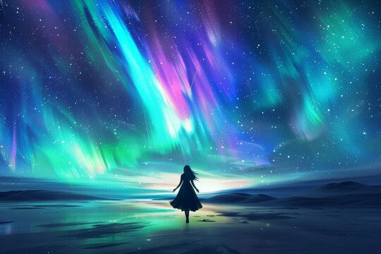 Silhouette woman against a dazzling space aurora vibrant cosmic lights illuminating its path