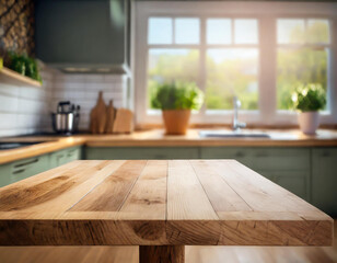 Empty wooden top table in kitchen with blurred window background