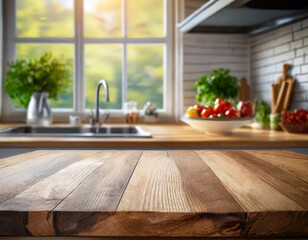 Empty wooden top table in kitchen with blurred window background