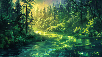 Tranquil Forest River at Sunset