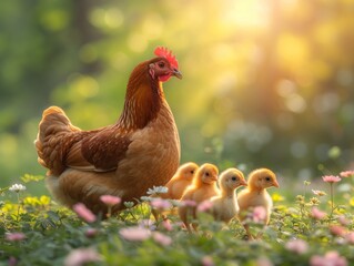 Fototapeta premium hen with chicks in the grass