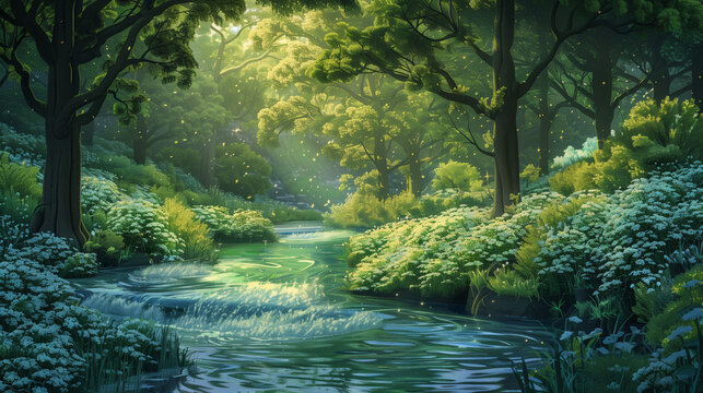 Naklejki Sunlight Through the Trees: A Forest Stream Painting