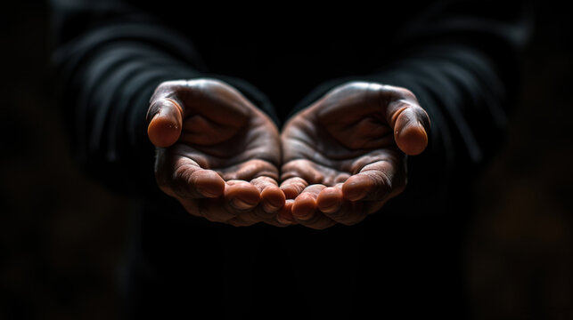 outstretched hands closeup black background