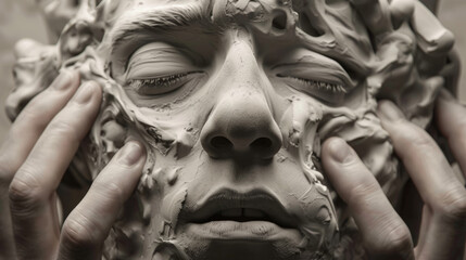 A dramatic and somber statue holding his face. The face sculpture is a detailed sculpture that is somewhere between abstract and concrete.
