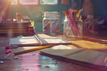 Colorful Notebooks and Pencils on a Desk A Creative and Vibrant Workspace Generative AI
