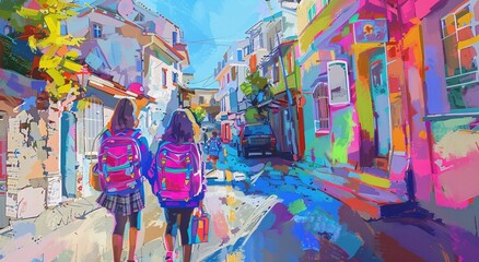 Colorful Girls Walking Down the Street with Backpacks Generative AI