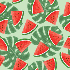 Seamless pattern with hand drawn  watermelon slace and tropical monstera leaves on green background.
